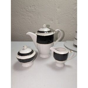 Ralph Lauren Harwick Coffee Pot Tea Set 3‎ Piece Black White Gold Thailand 9"